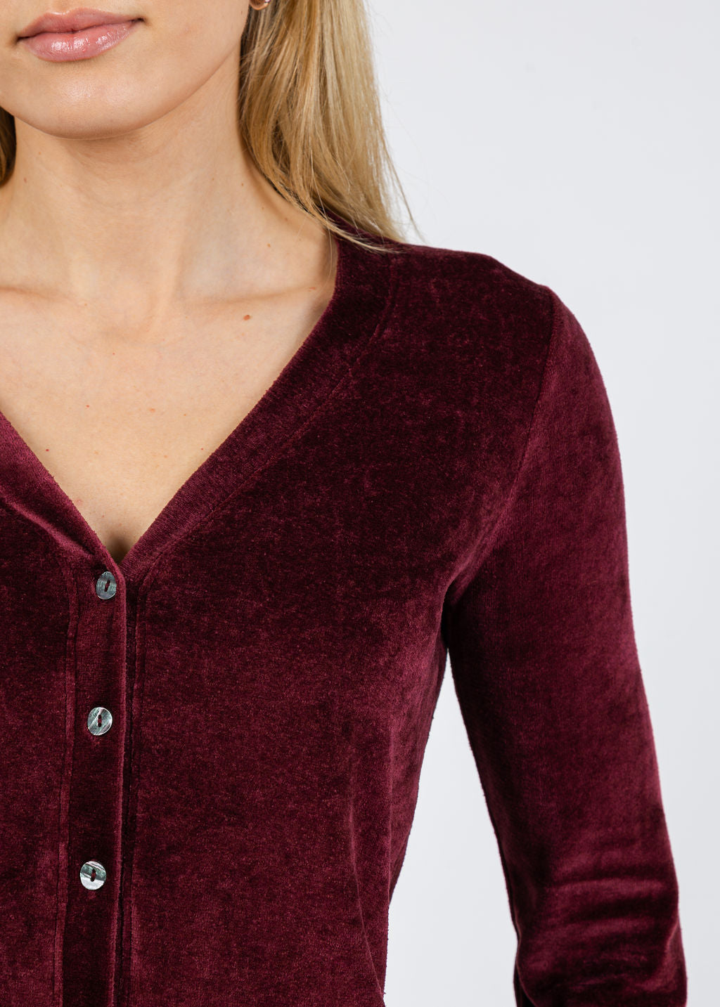 Goldie Velour Crush Cardigan in Bordeaux available at Barbara Katz