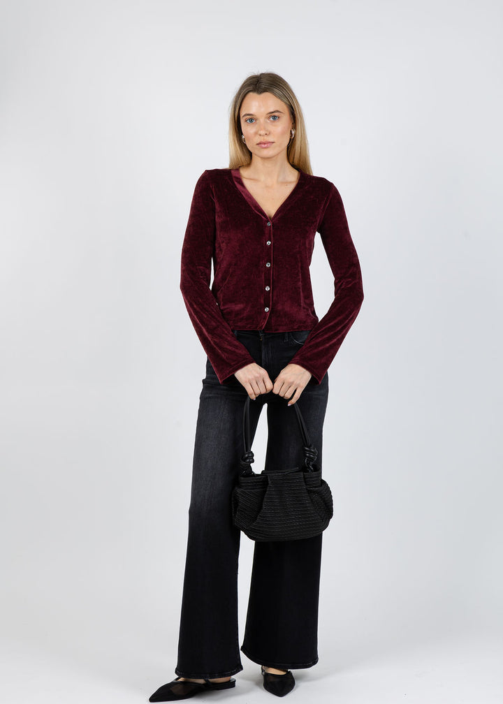 Goldie Velour Crush Cardigan in Bordeaux available at Barbara Katz