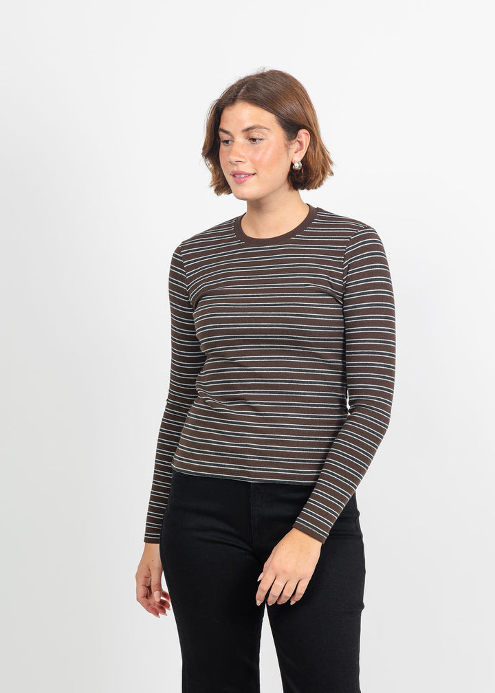 Goldie Vintage Rib Stripe Long Sleeve Top in Coffee available at Barbara Katz