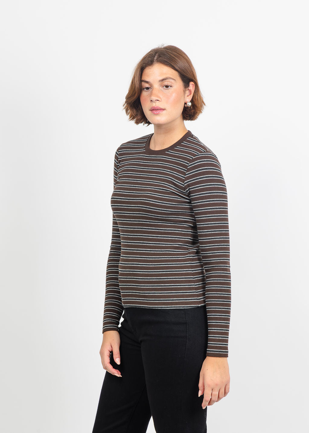 Goldie Vintage Rib Stripe Long Sleeve Top in Coffee available at Barbara Katz