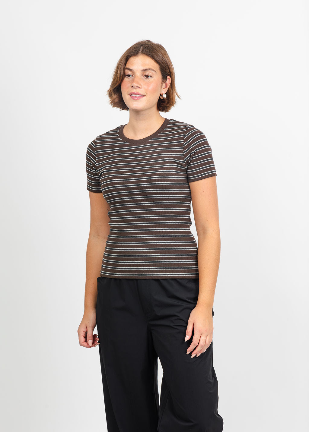 Goldie Vintage Rib Stripe Short Sleeve Tee in Coffee available at Barbara Katz
