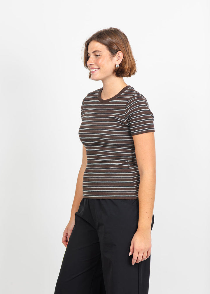 Goldie Vintage Rib Stripe Short Sleeve Tee in Coffee available at Barbara Katz