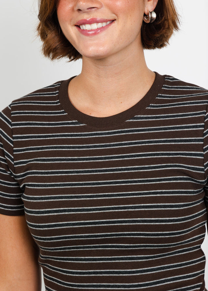 Goldie Vintage Rib Stripe Short Sleeve Tee in Coffee available at Barbara Katz