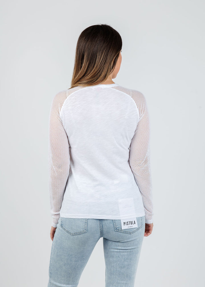 Goldie Soleil Saddle Fishnet Long Sleeve Top in White available at Barbara Katz