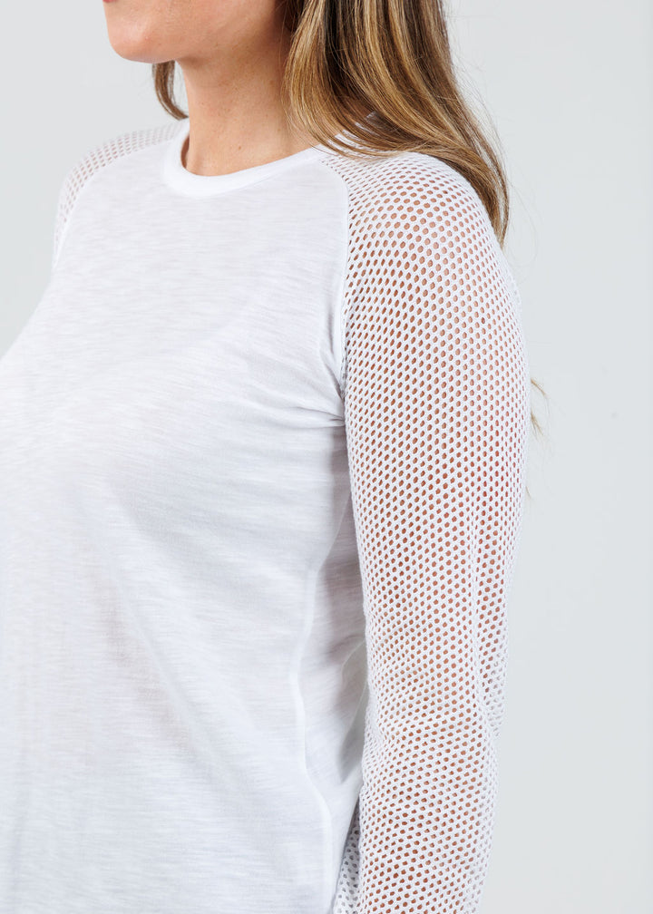 Goldie Soleil Saddle Fishnet Long Sleeve Top in White available at Barbara Katz