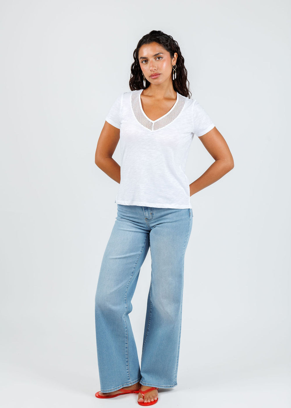 Goldie Soleil Slub Fishnet V Neck Boy Tee in White available at Barbara Katz