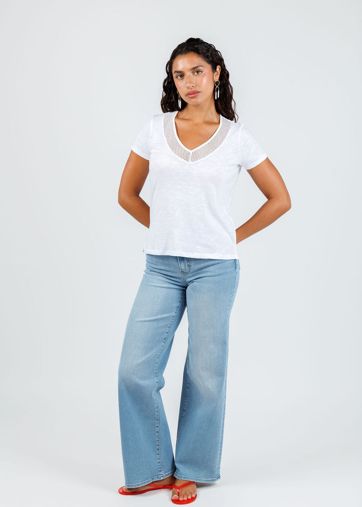 Goldie Soleil Slub Fishnet V Neck Boy Tee in White available at Barbara Katz