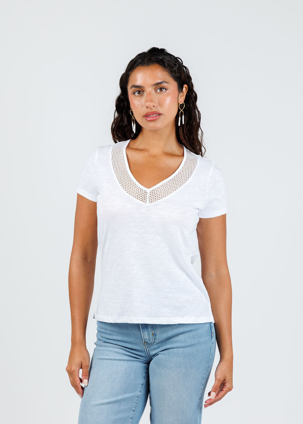 Goldie Soleil Slub Fishnet V Neck Boy Tee in White available at Barbara Katz