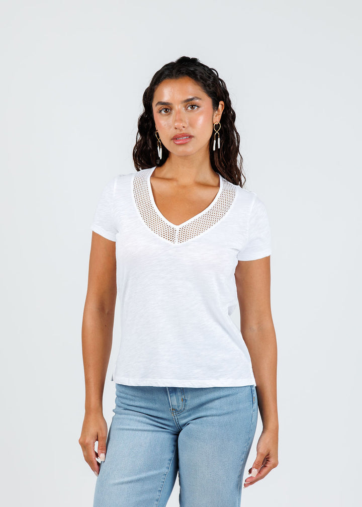 Goldie Soleil Slub Fishnet V Neck Boy Tee in White available at Barbara Katz