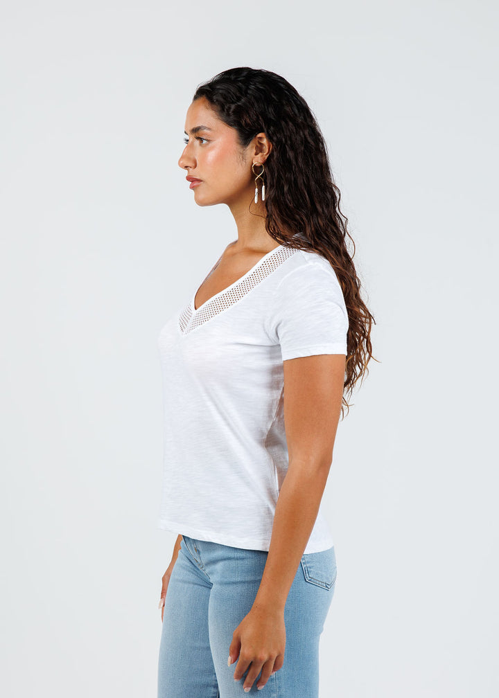 Goldie Soleil Slub Fishnet V Neck Boy Tee in White available at Barbara Katz