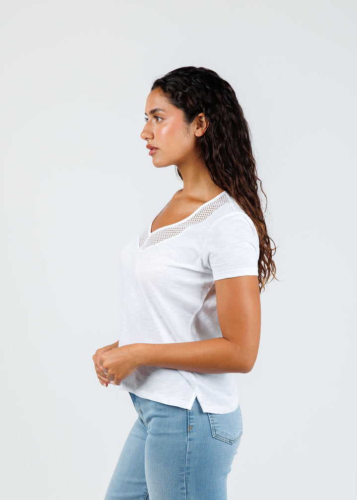 Goldie Soleil Slub Fishnet V Neck Boy Tee in White available at Barbara Katz