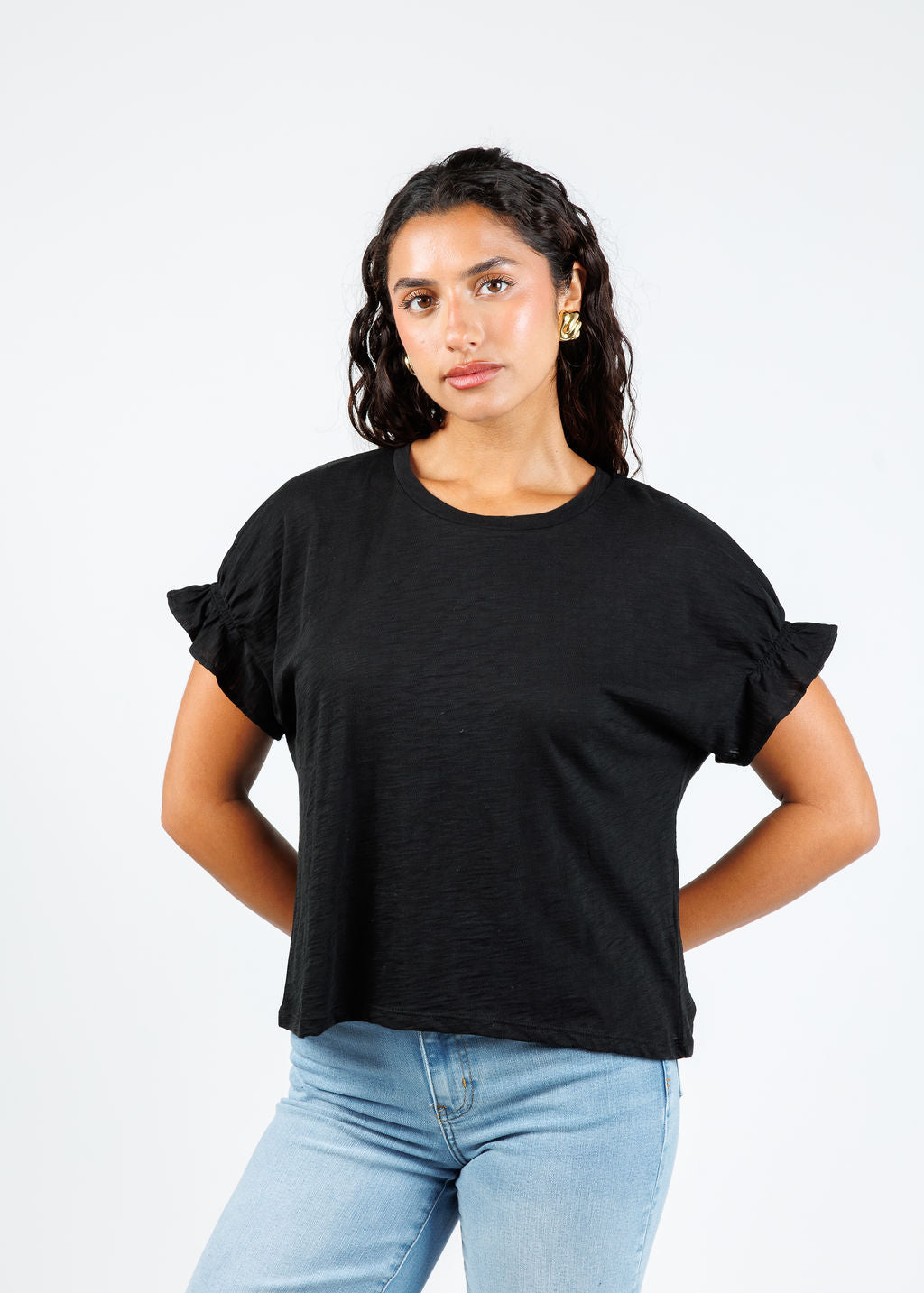Goldie Signature Slub Puff & Ruffle Sleeve Tee in Black available at Barbara Katz