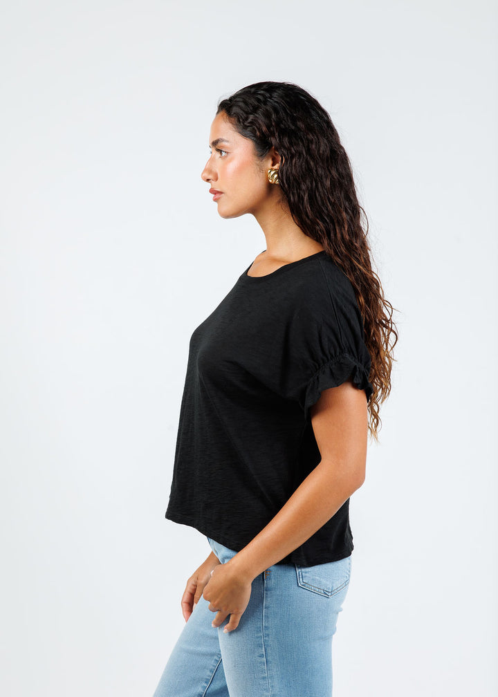 Goldie Signature Slub Puff & Ruffle Sleeve Tee in Black available at Barbara Katz