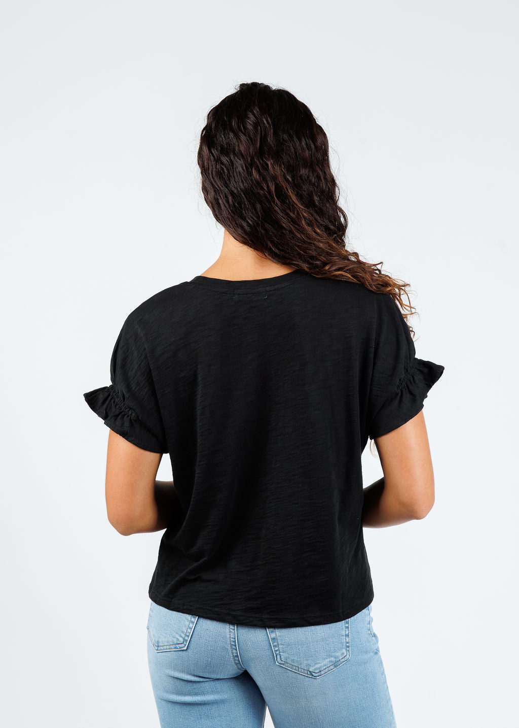 Goldie Signature Slub Puff & Ruffle Sleeve Tee in Black available at Barbara Katz