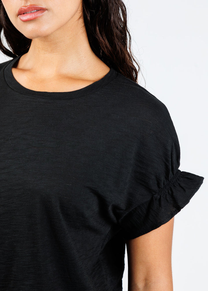 Goldie Signature Slub Puff & Ruffle Sleeve Tee in Black available at Barbara Katz