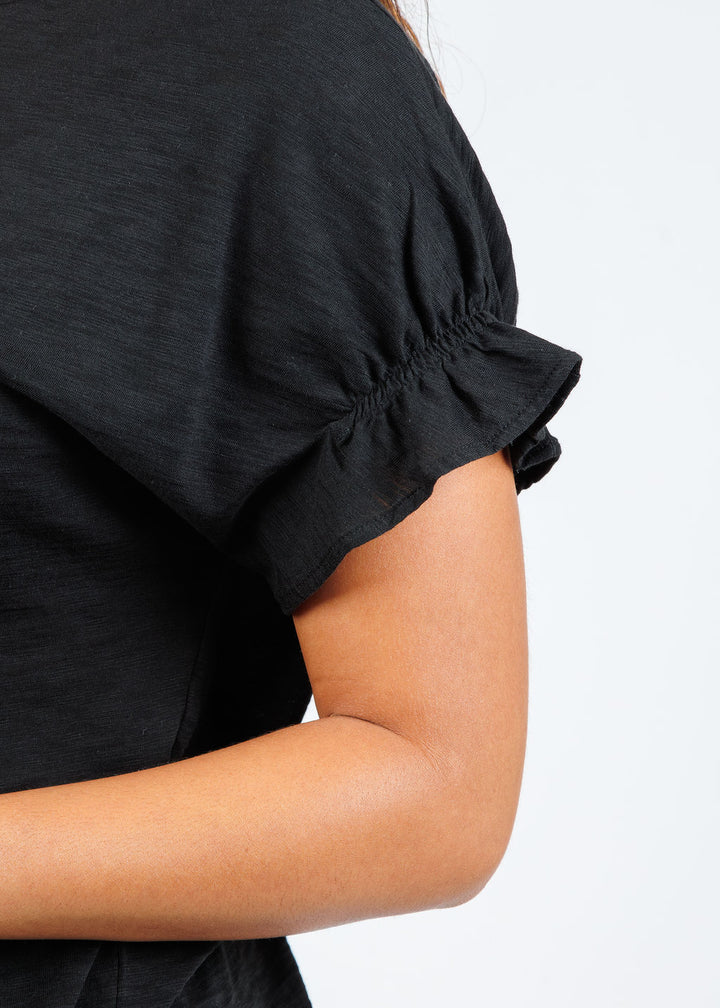 Goldie Signature Slub Puff & Ruffle Sleeve Tee in Black available at Barbara Katz