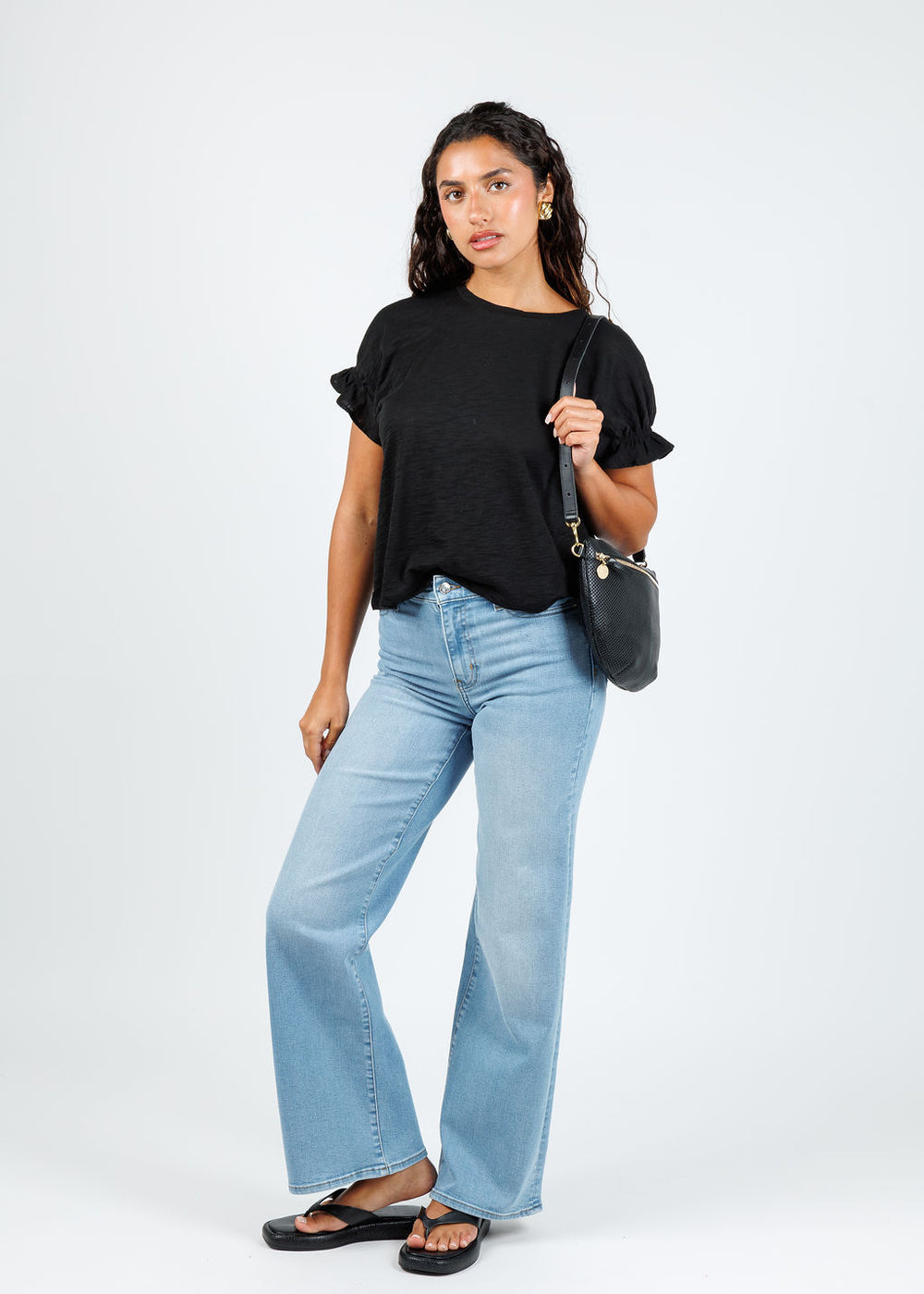 Goldie Signature Slub Puff & Ruffle Sleeve Tee in Black available at Barbara Katz