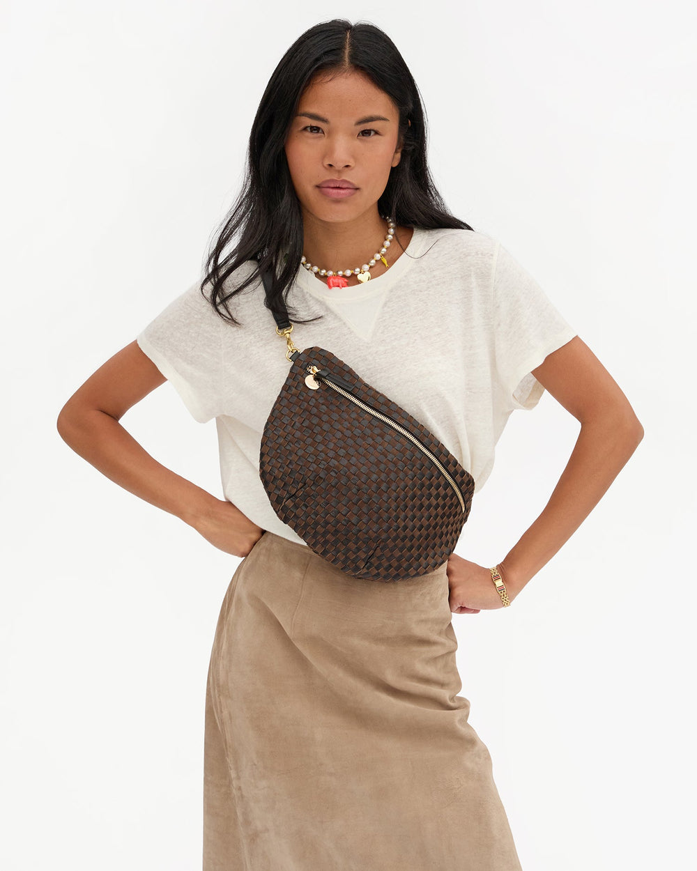 Clare V Grande Fanny Bag in Black/Chocolate Woven Checker available at Barbara Katz