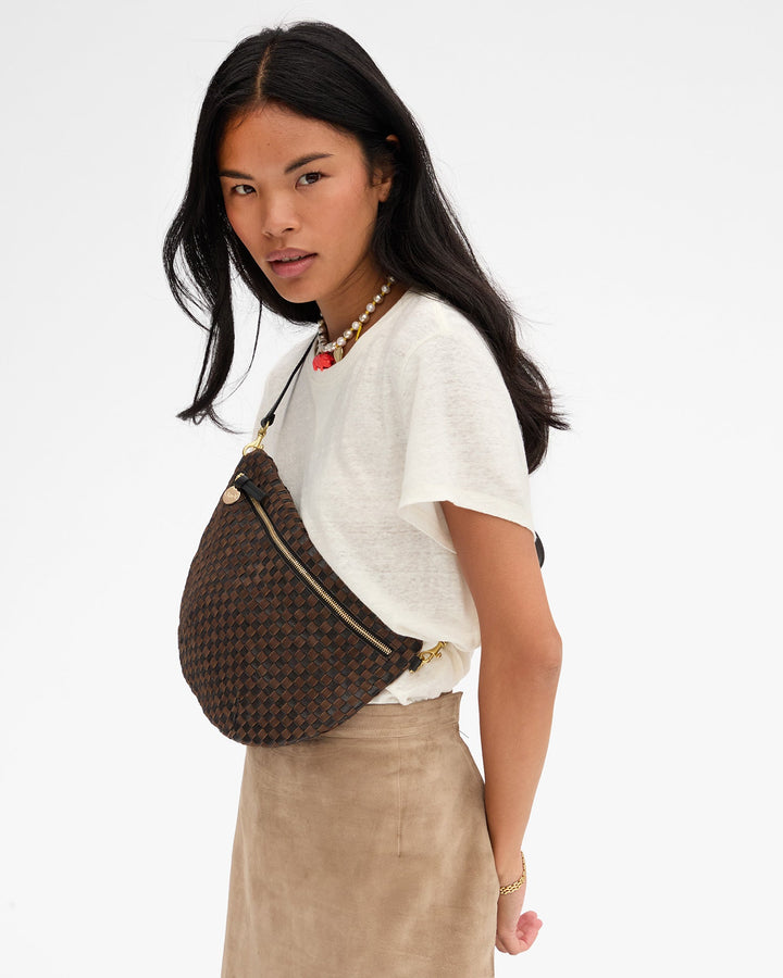 Clare V Grande Fanny Bag in Black/Chocolate Woven Checker available at Barbara Katz