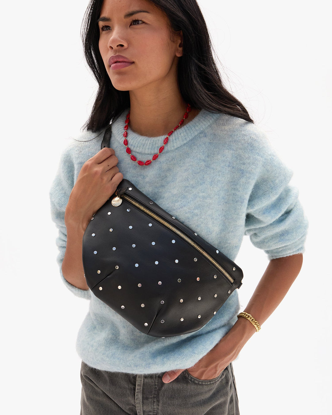 Clare V Grande Fanny Bag in Black Natura with Allover Studs available at Barbara Katz