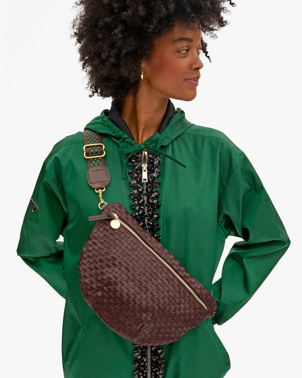 Clare V Grande Fanny Bag in Tobacco Woven Checker available at Barbara Katz