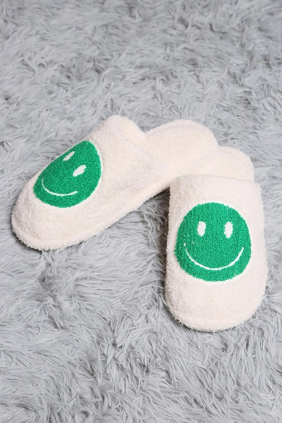 Happy Face Fuzzy Slippers - Green