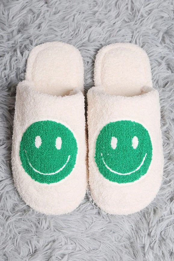 Happy Face Fuzzy Slippers - Green