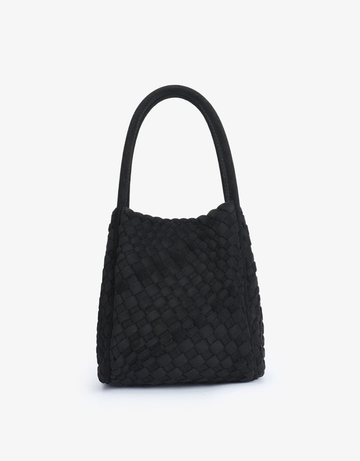 Remi/Reid Hollace Faux Suede Mini Woven Tote Bag in Black available at Barbara Katz