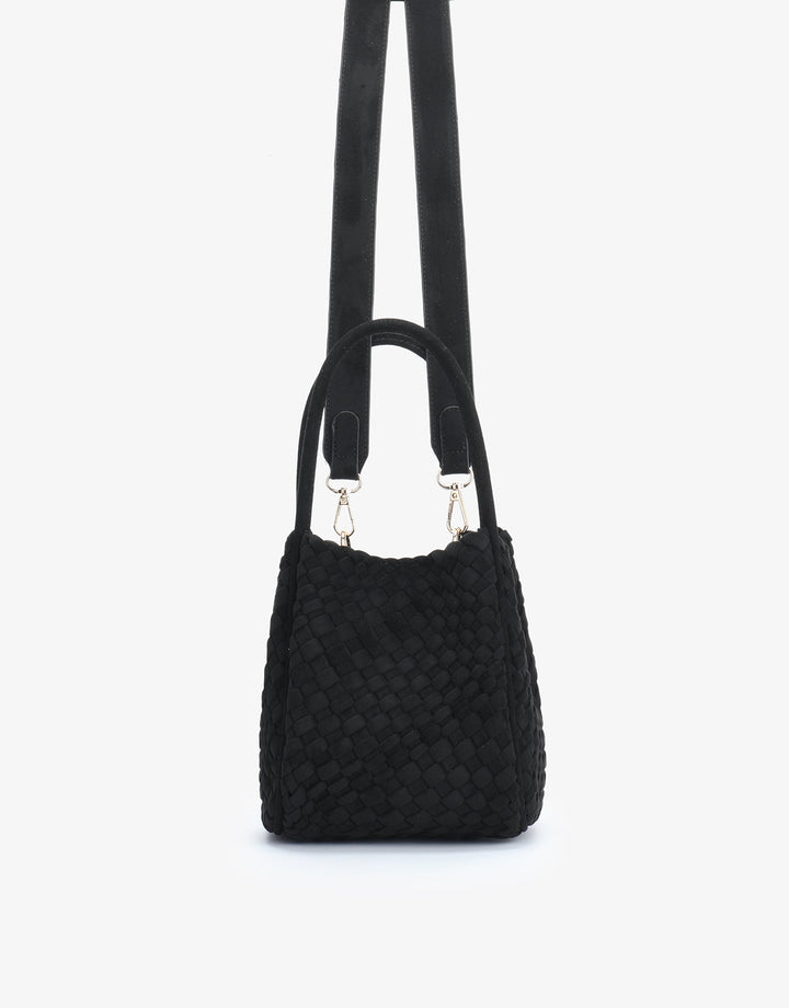 Remi/Reid Hollace Faux Suede Mini Woven Tote Bag in Black available at Barbara Katz