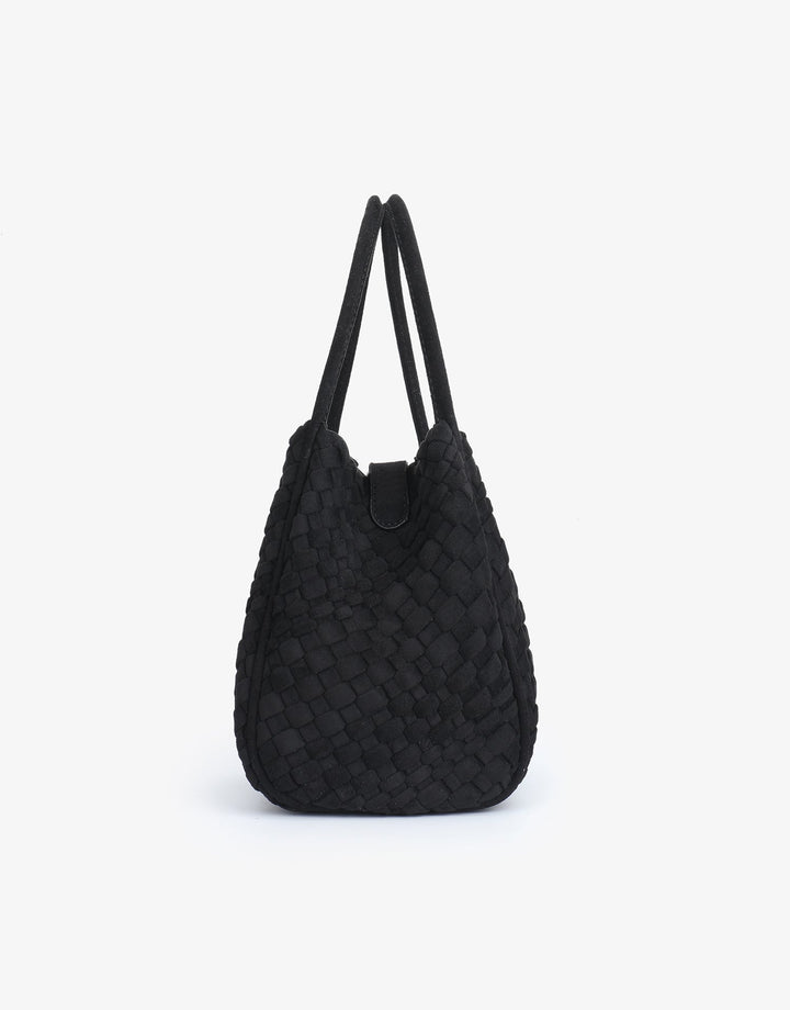 Remi/Reid Hollace Faux Suede Mini Woven Tote Bag in Black available at Barbara Katz