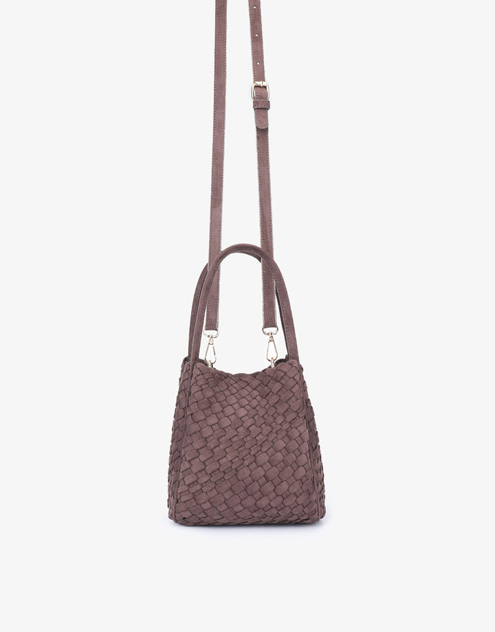Remi/Reid Hollace Faux Suede Mini Woven Tote Bag in Espresso available at Barbara Katz