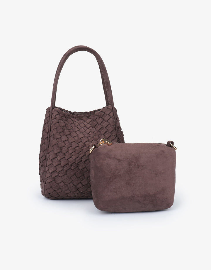 Remi/Reid Hollace Faux Suede Mini Woven Tote Bag in Espresso available at Barbara Katz