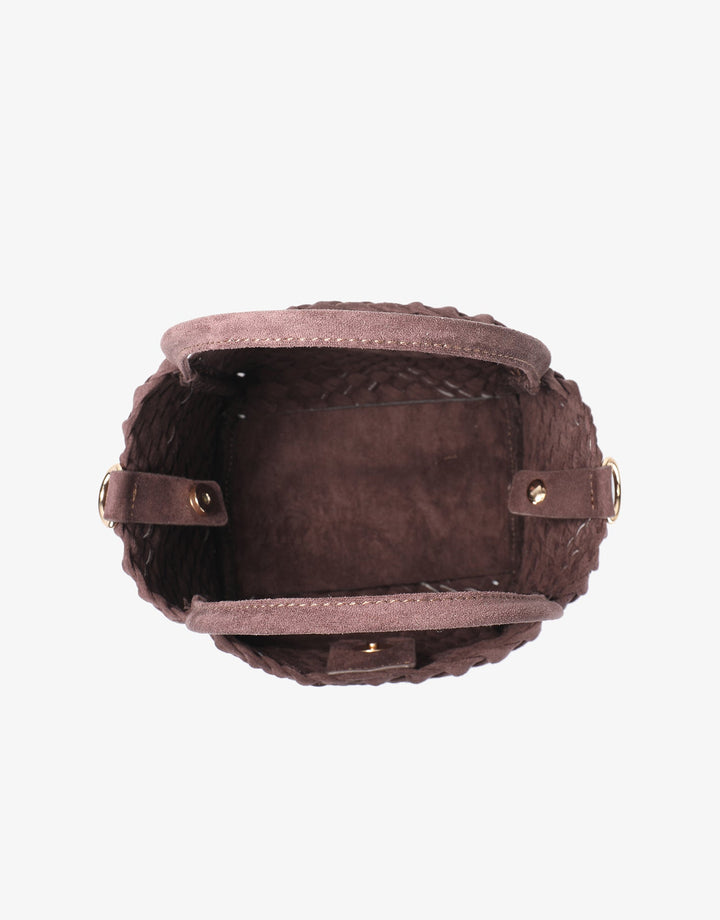 Remi/Reid Hollace Faux Suede Mini Woven Tote Bag in Espresso available at Barbara Katz