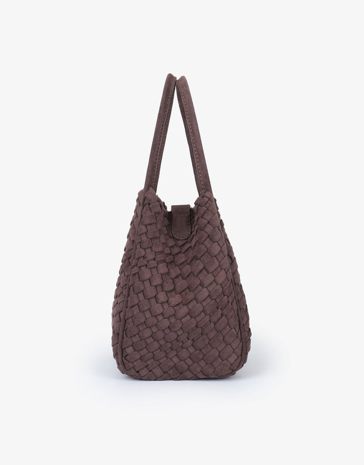 Remi/Reid Hollace Faux Suede Mini Woven Tote Bag in Espresso available at Barbara Katz