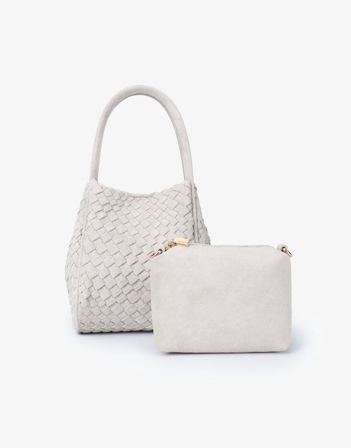 Remi/Reid Hollace Faux Suede Mini Woven Tote Bag in Cream available at Barbara Katz