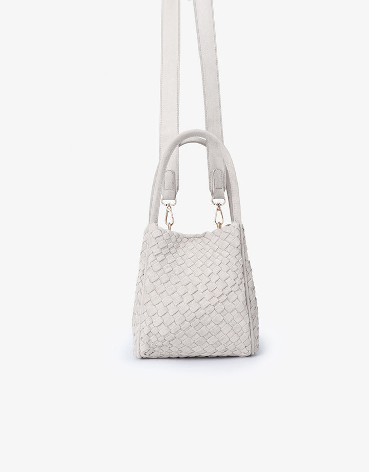 Remi/Reid Hollace Faux Suede Mini Woven Tote Bag in Cream available at Barbara Katz
