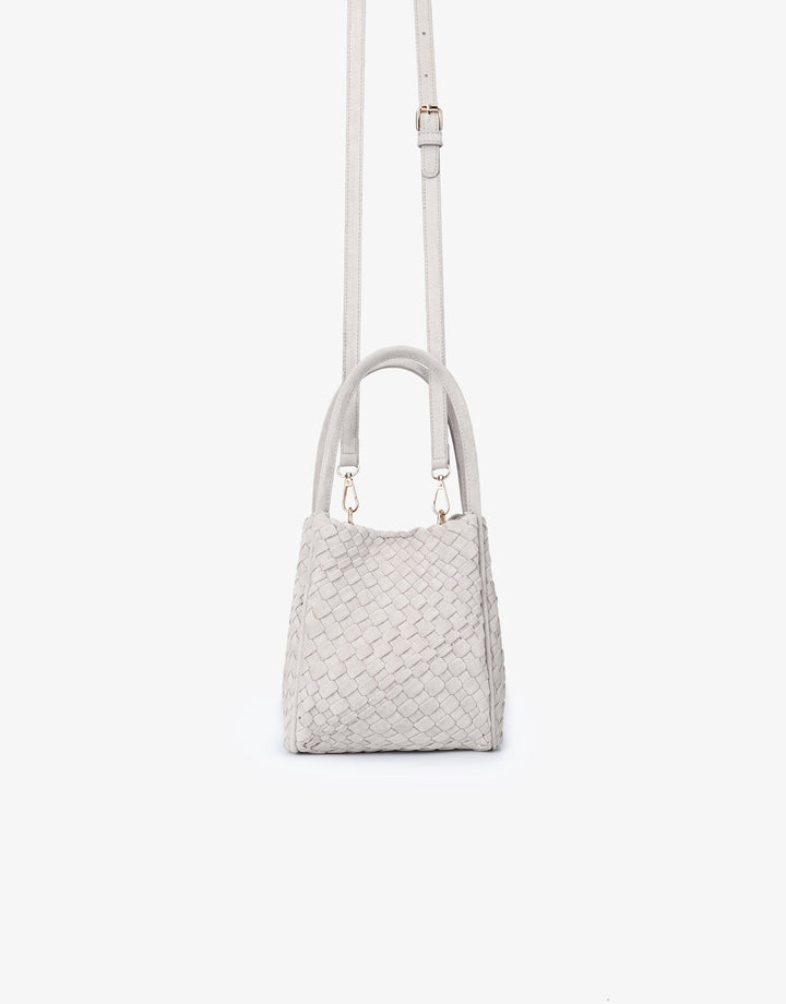 Remi/Reid Hollace Faux Suede Mini Woven Tote Bag in Cream available at Barbara Katz