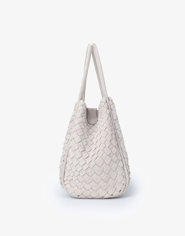 Remi/Reid Hollace Faux Suede Mini Woven Tote Bag in Cream available at Barbara Katz