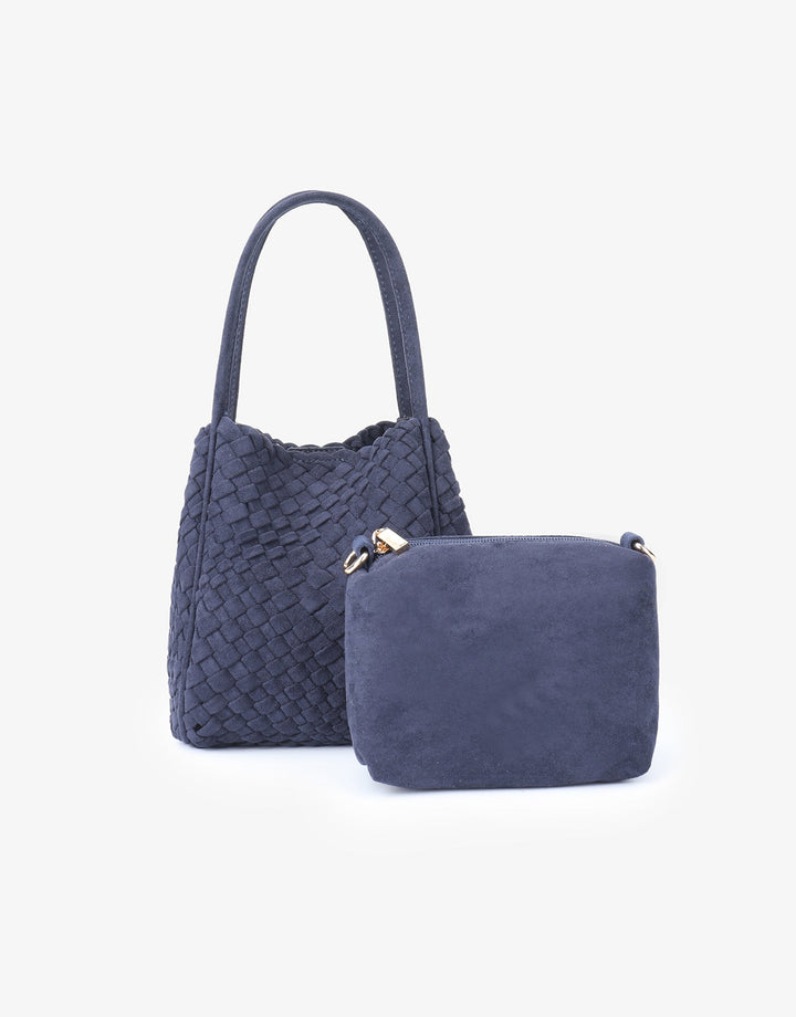 Remi/Reid Hollace Faux Suede Mini Woven Tote Bag in Navy available at Barbara Katz