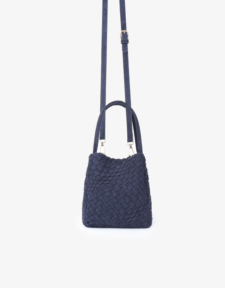 Remi/Reid Hollace Faux Suede Mini Woven Tote Bag in Navy available at Barbara Katz
