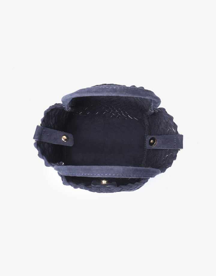 Remi/Reid Hollace Faux Suede Mini Woven Tote Bag in Navy available at Barbara Katz