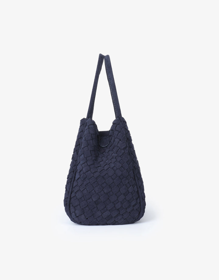 Remi/Reid Hollace Faux Suede Mini Woven Tote Bag in Navy available at Barbara Katz