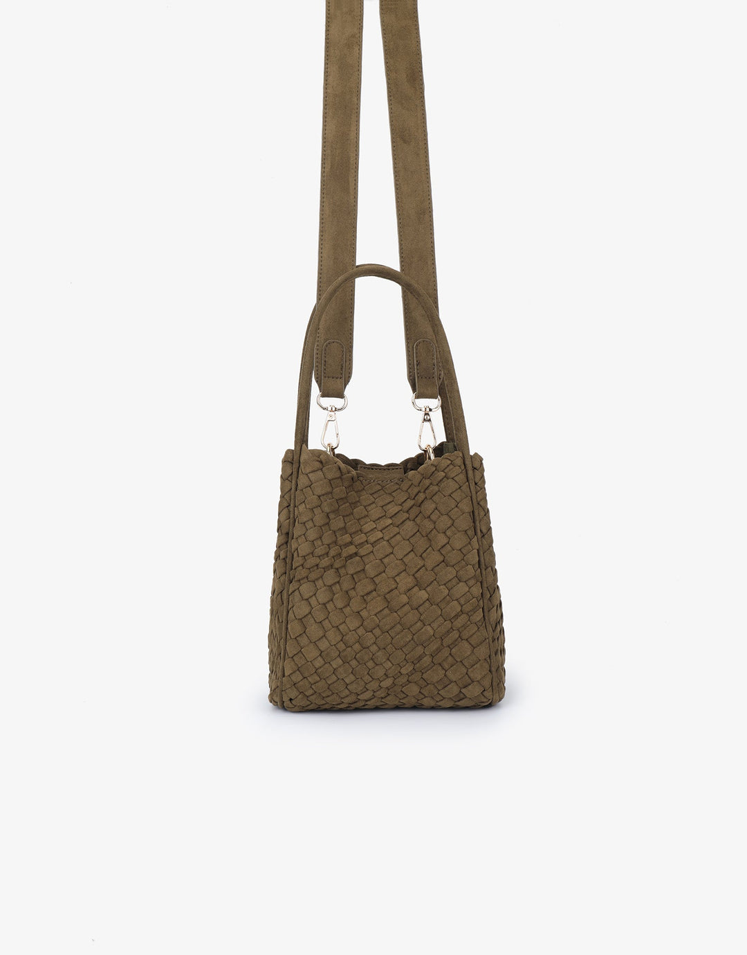 Remi/Reid Hollace Faux Suede Mini Woven Tote Bag in Olive available at Barbara Katz