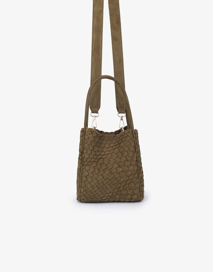 Remi/Reid Hollace Faux Suede Mini Woven Tote Bag in Olive available at Barbara Katz