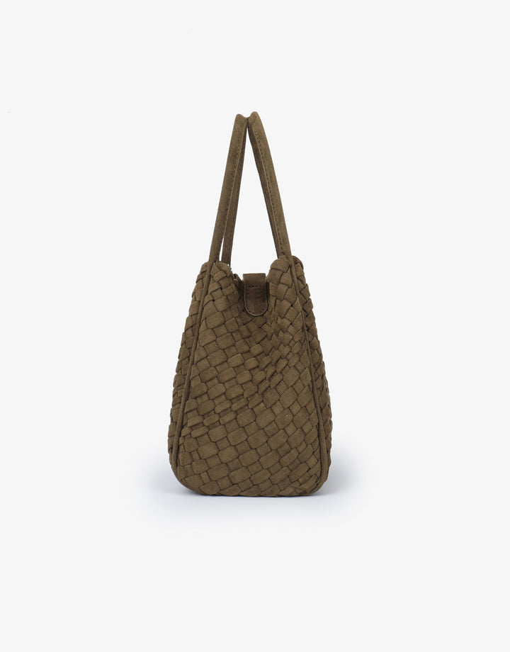 Remi/Reid Hollace Faux Suede Mini Woven Tote Bag in Olive available at Barbara Katz
