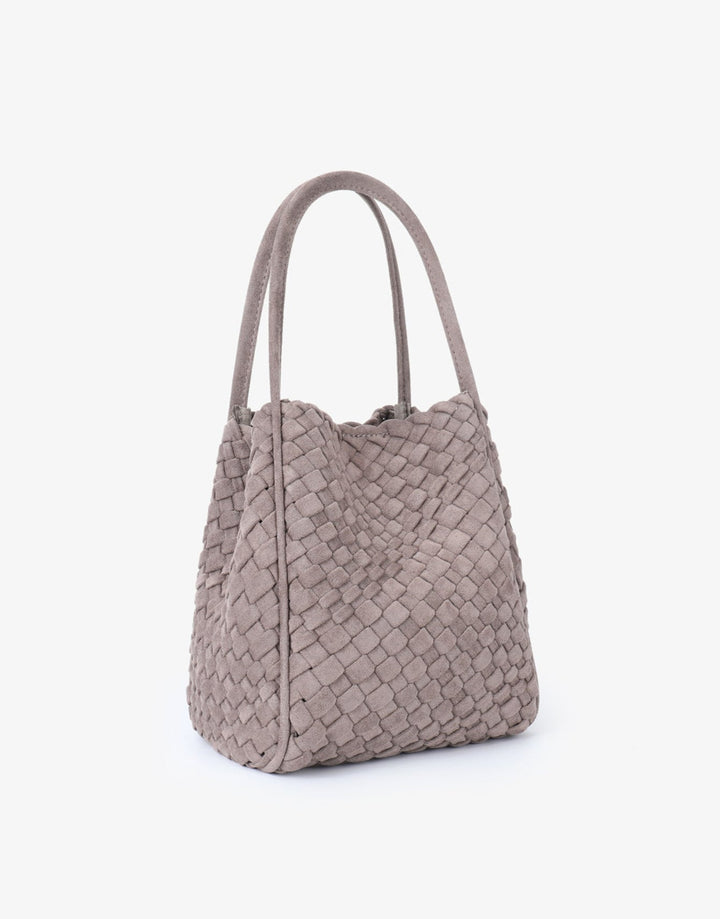 Remi/Reid Hollace Faux Suede Mini Woven Tote Bag in Dark Taupe available at Barbara Katz