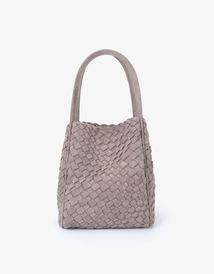 Remi/Reid Hollace Faux Suede Mini Woven Tote Bag in Dark Taupe available at Barbara Katz