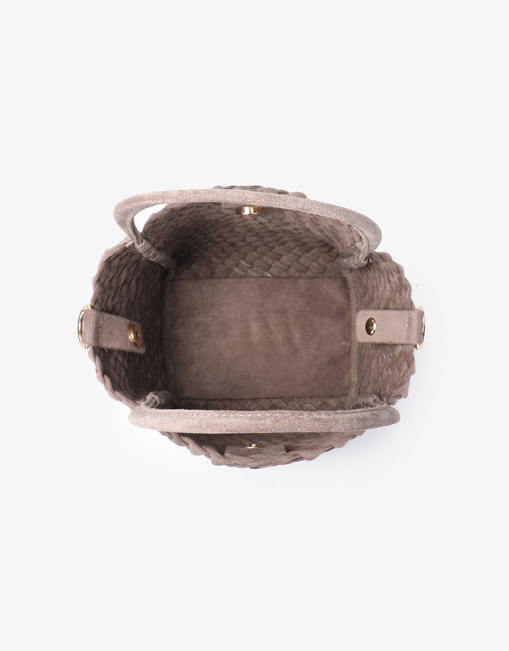 Remi/Reid Hollace Faux Suede Mini Woven Tote Bag in Dark Taupe available at Barbara Katz