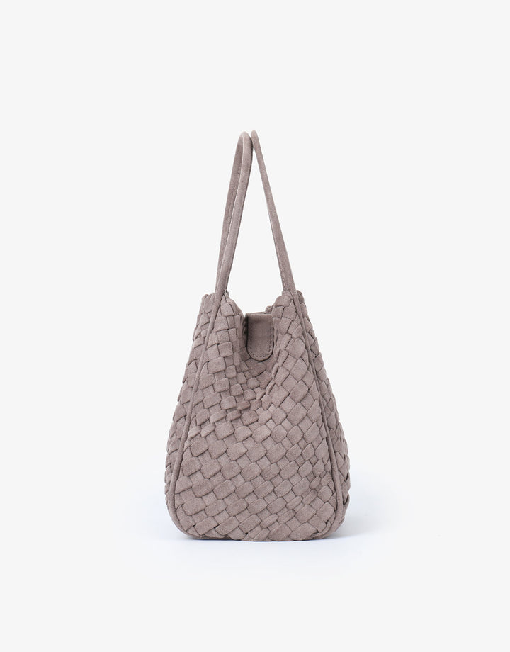Remi/Reid Hollace Faux Suede Mini Woven Tote Bag in Dark Taupe available at Barbara Katz