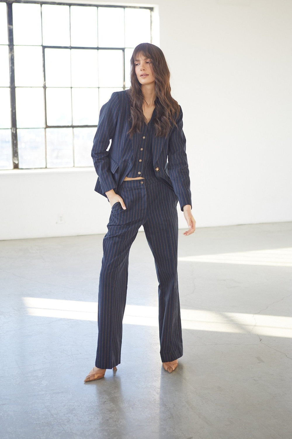 Adroit Atelier Hunter Single Breasted Pinstriped Blazer With Elbow Detail in Navy/Chocolate available at Barbara Katz